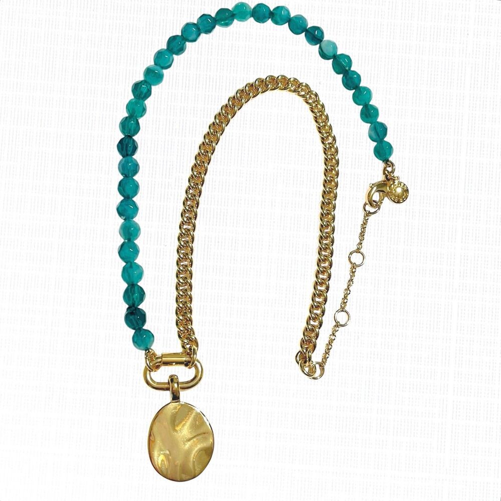 J Crew Half Beaded Chain Necklace Coin Pendant Green Gold Tone Oval Dangle - Picture 4 of 7